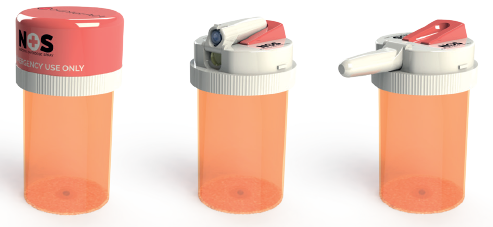 Figure 1: The CounterAct naloxone device fits on top of a standard US prescription pill bottle.