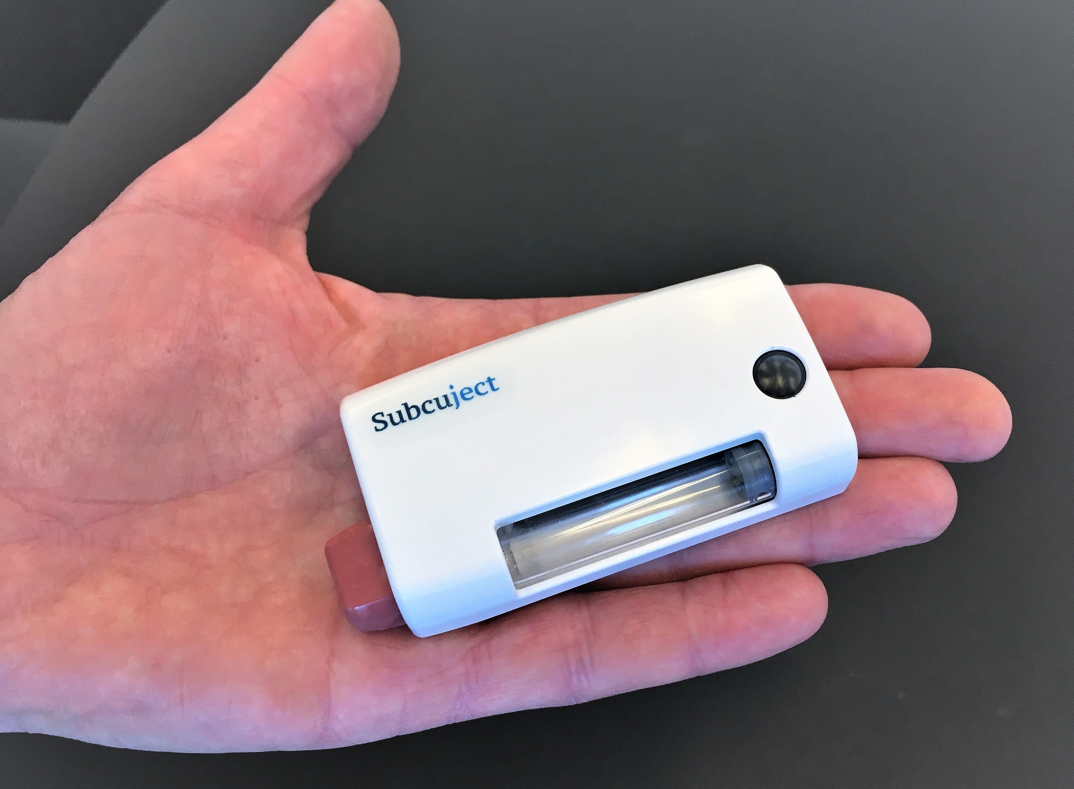Figure 2: Subcuject’s prefilled, single-use, wearable bolus injector (first version with a 3 mL standard cartridge).