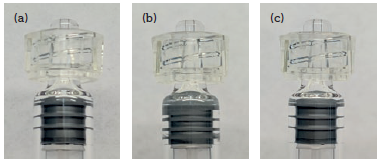 Figure 2: User variation in end-of-injection position of plunger stopper: just bottomed out (a), forced into the shoulder region (b), and retracted having been forced into the shoulder region (c).